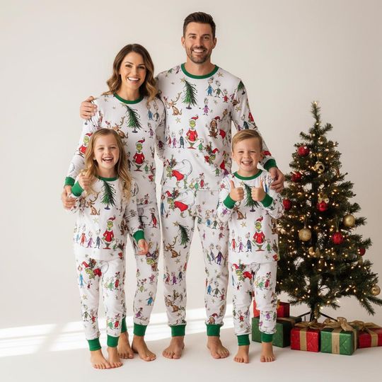 Discover Green Monster Family Pajamas, Greenmas Long Pajamas, Christmas Tree Long Tee & Pants PJs, Family Matching Pajamas Set, Christmas Gift