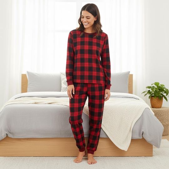 Plaid Family Pajamas, Red Long Sleeve PJs, Checkered Christmas Pajamas, Matching Pyjama Set, Xmas Gift For Family