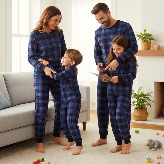 Plaid Family Pajamas, Blue Plaid Long Sleeve PJs, Cozy Christmas Pajamas, Matching Pyjama Set, Xmas Sleepwear Gift