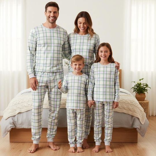 Plaid Family Pajamas Set, Long Sleeve Christmas PJs, Classic Plaid Xmas Matching Sleepwear for Adults
