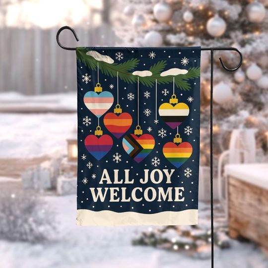 Discover All Joy Welcome Garden Flag, Holiday Pride Heart Ornament Yard Flag, Inclusive Christmas Outdoor Decor, Winter Porch Decoration