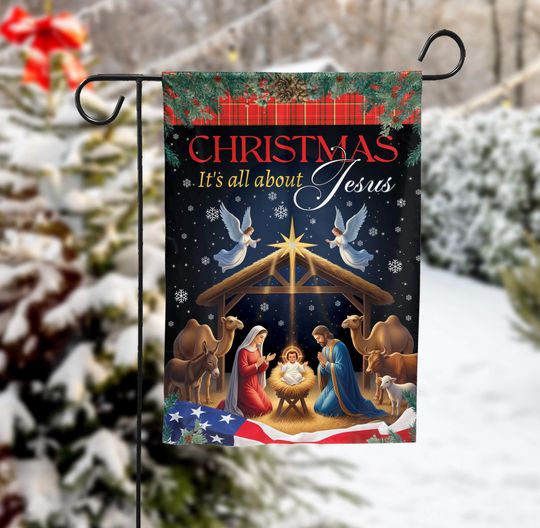 Christmas It's All About Jesus Christian Flag, Nativity Scene Christmas Garden Flag, Religious Holiday Yard Decor, Faith Christmas Yard Flag