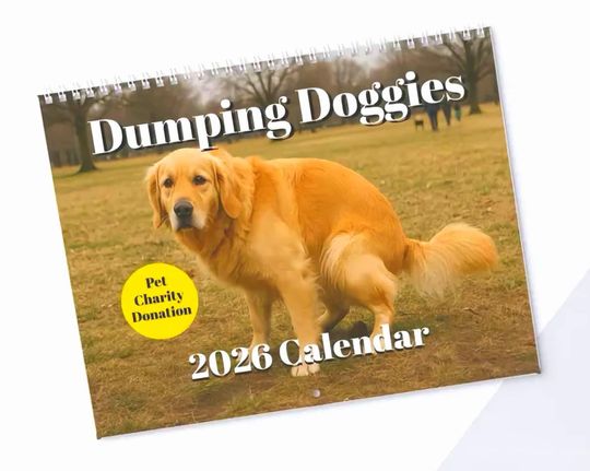 Discover Christmas Gift 2026 Wall Calendar Dumping Doggies Dog Calendar, White Elephant Gag Gift Exchange or Yankee Swap