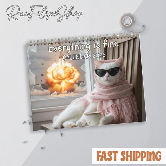 Everything Is Fine Cat Calendar 2026, Funny Aesthetic Wall Calendar, Mental Health Cat Calendar, Cat Lovers Gift, Friends and Office Decor