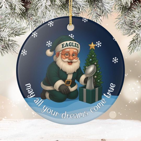 Discover Eagles Green Santa with Football Trophy ceramic ornament | Christmas tree decoration