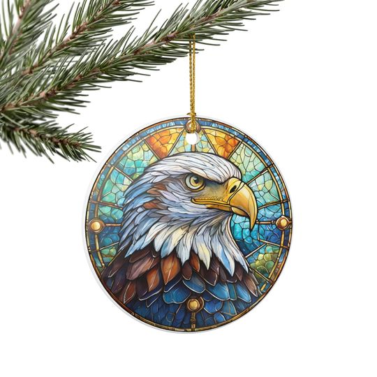 Faux Bald Eagle Stained Glass Ornament Ceramic Decoration, Round Hanging Keepsake