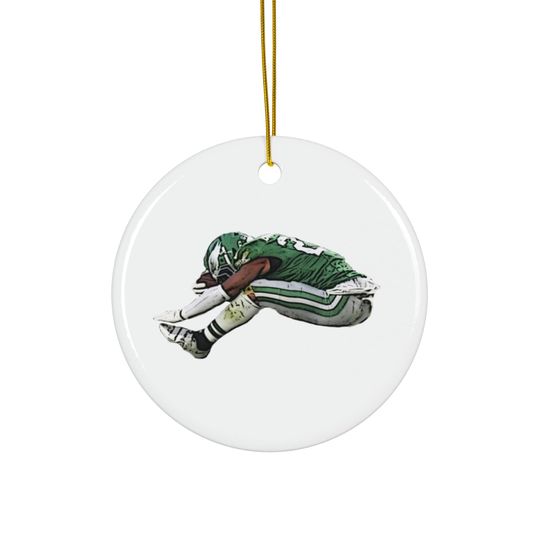 Discover Saquon Barkley Reverse Hurdle Jump Christmas Ornament - Philadelphia Eagles Fan Gift - Barkley Ceramic Holiday Ornament