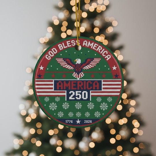 God Bless America 250 Years Ceramic Ornament, Ugly Sweater Patriotic Eagle Design, Double Sided Christmas Decoration, 3 Inch Keepsake