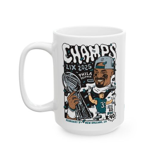 Discover Game 4: Eagles Champs, 15oz ceramic mug, Artwork by Philly Artist Brunofsky
