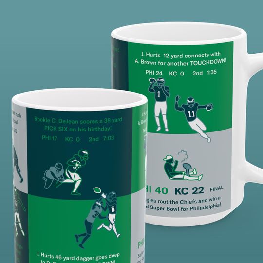 Discover Philadelphia Eagles 15 oz xl Coffee Tea Mug, football Super Bowl LIX Champions 2024 Cooper DeJean Philly Graphic Sports Fan Art Gift Memorabilia