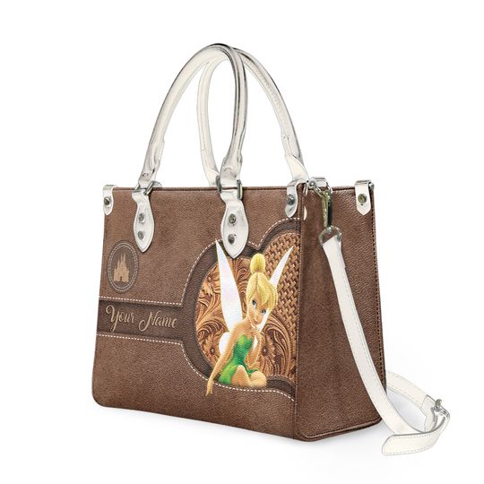 Personalized Name Tinker Bell Disney Cartoon Leather Handbag, Tinker Bell Lover's Handbag, Custom Leather Bag