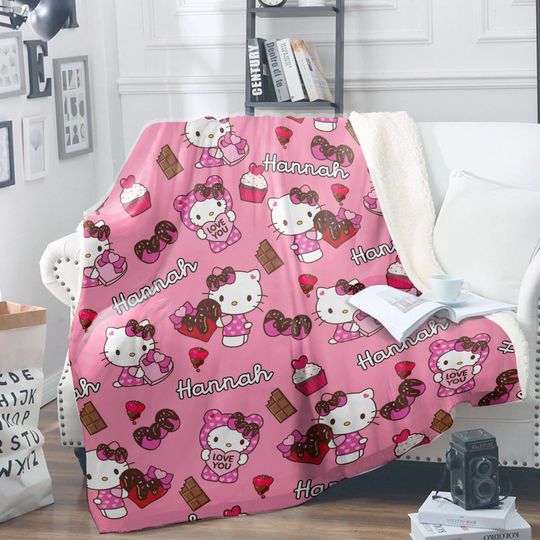 Personalized Valentine Hello Kitty Fleece Blanket for Her, Sanrio Kawaii Bed Sheet Gift