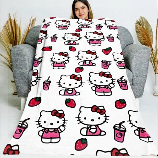 Discover Cute Cat Strawberry Blanket, Cute Cat Blanket, Kitty Blanket For Girl, Strawberry Blanket, Birthday Gift, Gift for Her, Christmas Gift