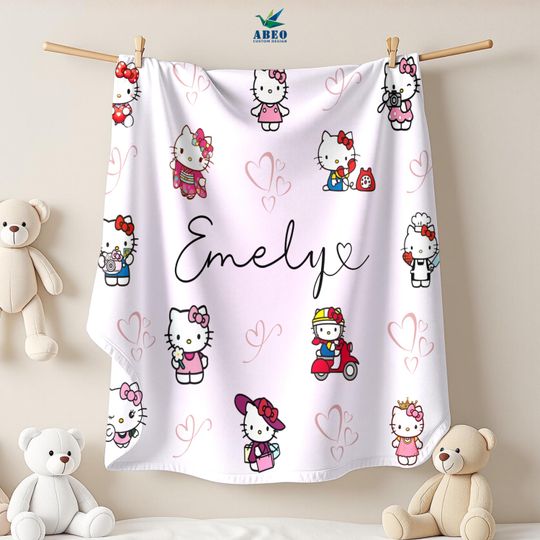 Personalized Kitty Name Fleece Blanket for Kids, Cute Kawaii Cat Design, Tween Girl Gift