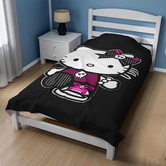 Discover Punk Hello Kitty Velveteen Plush Blanket: Goth Cartoon Kitty