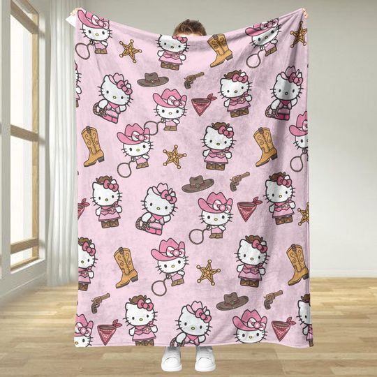 Hello Kitty Cowgirl Plush Fleece Blanket, Cartoon Kawaii, Sanrio Blanket
