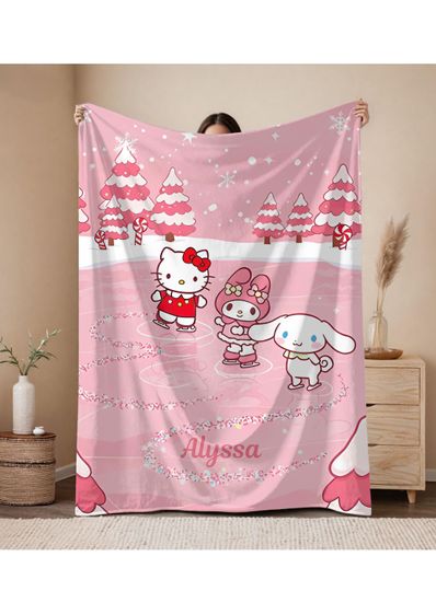 Discover Custom name, Kawaii Kitty, Velveteen Plush Blanket, Personalized Throw Cozy Blanket, Girls, Daughter, Gift for Her, Cartoon Hello, Christmas