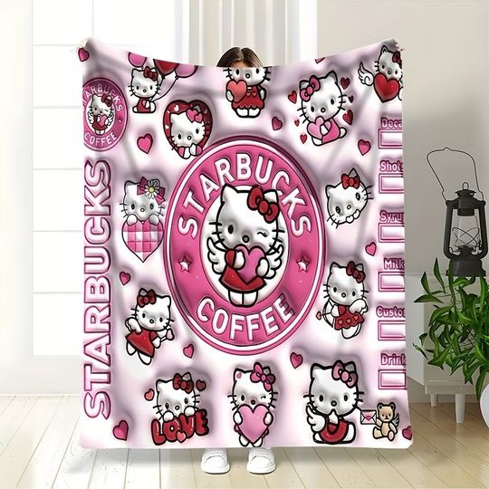 Hello Kitty x Starbucks Pink Fleece Blanket, Multi-purpose for Living Room, Bedroom, Camping, Travel