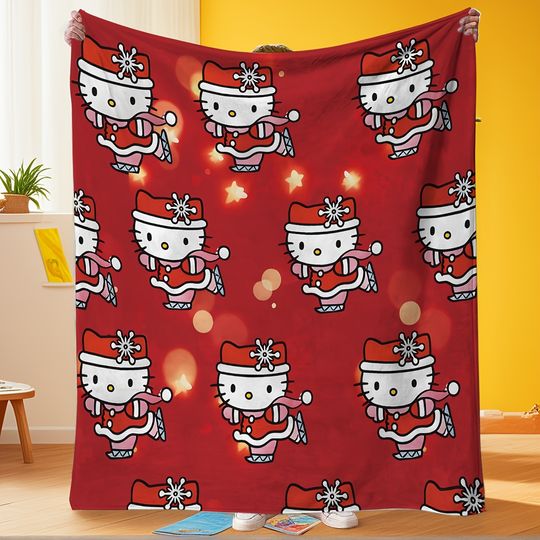 Christmas red blanket, full of skating Hello Kitty, the festive atmosphere is super cute