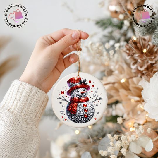 Cute Snowman Ceramic Ornament, Christmas Holiday Decor, Xmas Tree Keepsake