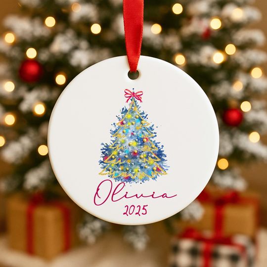 Discover Baby's First Christmas Ornament, Holiday Blue Tree Ceramic Ornament, Personalised Baby's 1st Christmas Scene Decoration Custom Name 2025