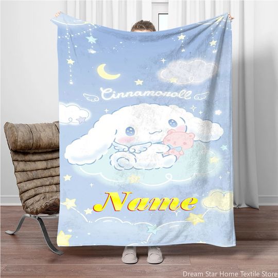 Discover Custom Name Personalized Blanket Sanrio Kids Blanket Soft Fluffy Cinnamoroll Cartoon Warm Throw Quilt Blanket for Sofa Bedroom