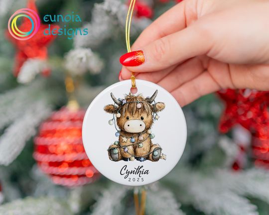 Discover Personalized Babys First Christmas Ornament, Highland Cow Ceramic Holiday Decor Ornament, Newborn Keepsake Ornament, Highland Cow Gift