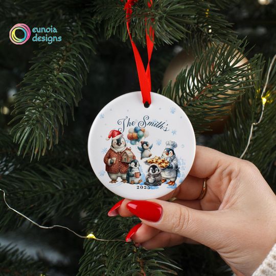 Discover Custom Penguin Family Christmas Ornament, Penguin Keepsake Ornaments, Ceramic Christmas Cute Penguins Gift, Xmas Tree Decor Ornament