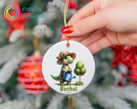 Custom Dino Christmas Ceramic Ornament, Baby Dinosaur Ornament, Gift For Baby, Christmas Keepsake Ornament