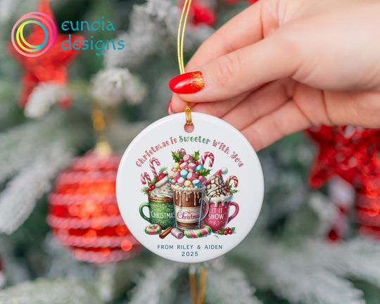 Custom Name Christmas Friends Ornament, Candy Ceramic Ornament, Cocoa Ornament, Hot Chocolate Ornament