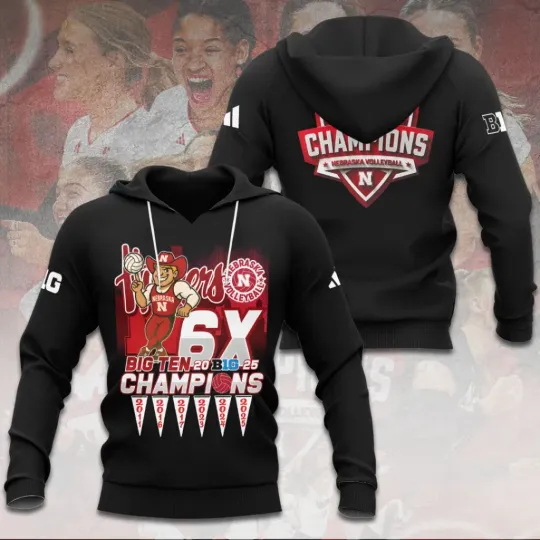 Nebraska Cornhuskers Women’s Volleyball 2025 Big Ten Champions 3D Hoodie