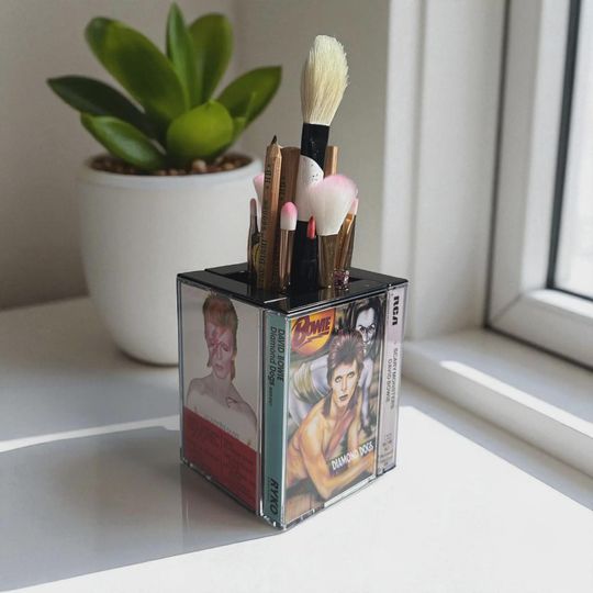 Discover David Bowie Vintage Cassette Tape Desk Organizer Unique Pencil holder Gift Makeup Brush Holder