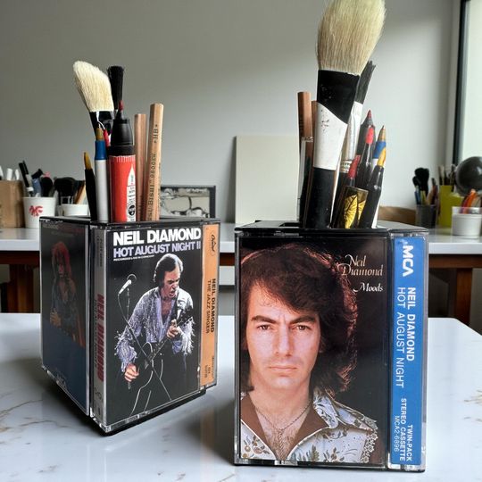 Discover Neil Diamond Vintage Cassette Tape Desk Organizer Pen Pencil holder Gift Makeup Brush Holder