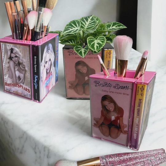 Vintage Britney Spears Cassette Tape Desk Organizer, Pencil and Makeup Brush Holder, 2000s Nostalgia