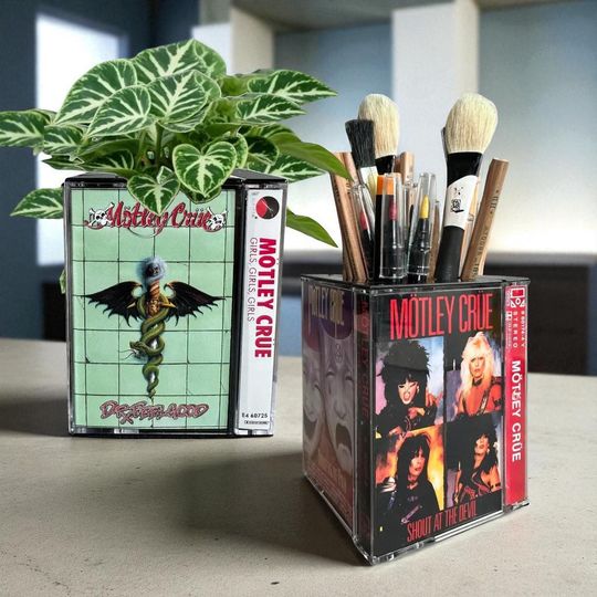 Discover Motley Crue Cassette Tape Case Desk Organizer | Makeup brush holder | Pencil Holder | 1980s 90s nostalgia
