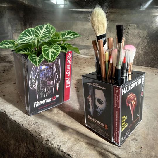 Vintage Horror Movie Soundtrack Cassette Tape Desk Organizer Unique Pencil holder , Makeup Brush Holder Halloween Friday 13th Horror Decor