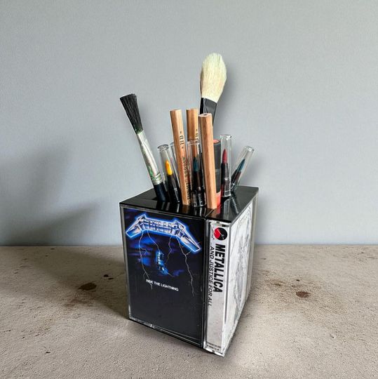 Discover Vintage Metallica Cassette Tape Organizer: Repurposed Desk Storage Unique Pencil holder