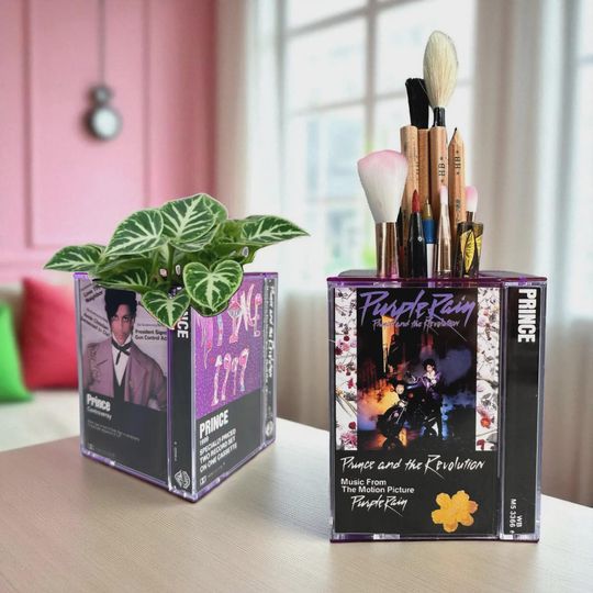 Discover Prince Vintage Cassette Tape Desk Organizer Unique Pencil holder Gift Makeup Brush Holder Pur Rain