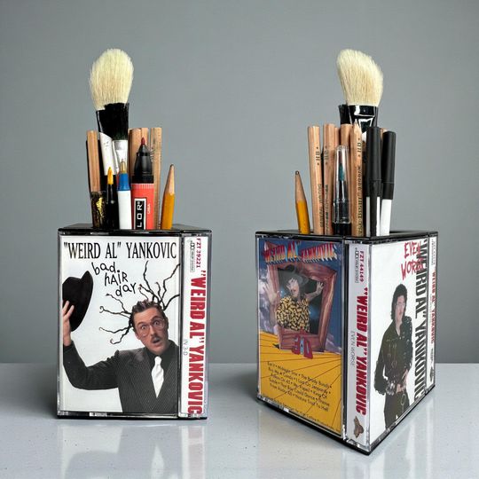 Discover Weird Al Vintage Cassette Tape Desk Organizer Pen Pencil holder Gift Makeup Brush Holder