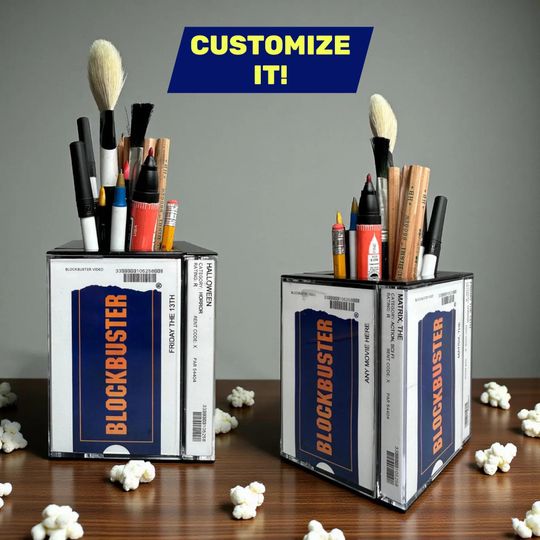 Discover Nostalgic Blockbuster Classic VHS Cassette Tape Desk Organizer Pencil holder Makeup Brush Holder Personalized Gift