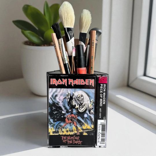 Iron Maiden Cassette Tape Desk Organizer Pencil Holder Vintage Heavy Metal Office Accessories