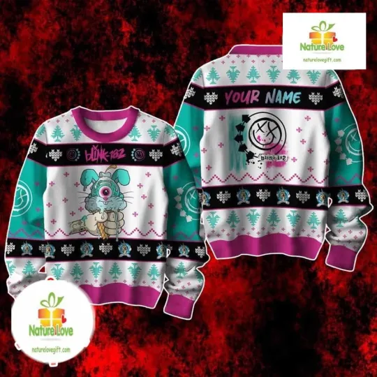 B182 Ugly Christmas Sweater Teal Pink Logo Ice Cream