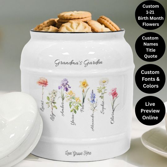 Discover Personalized Birth Month Flower Cookie Jar: Custom Ceramic Kitchen Gift