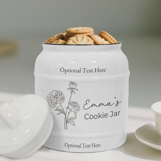 Discover Custom Birth Flower Cookie Jar, Personalized Ceramic Cookie Jar, Kitchen Storage, Custom Gift for Family