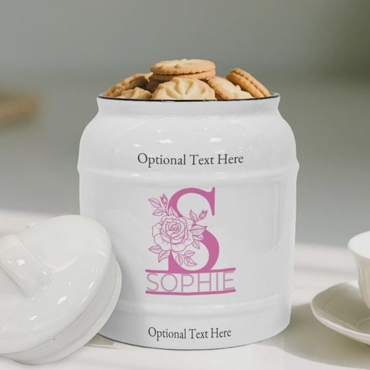 Discover Custom Rose Monogram Cookie Jar, Personalized Floral Kitchen Gift, Monogrammed Cookie Storage