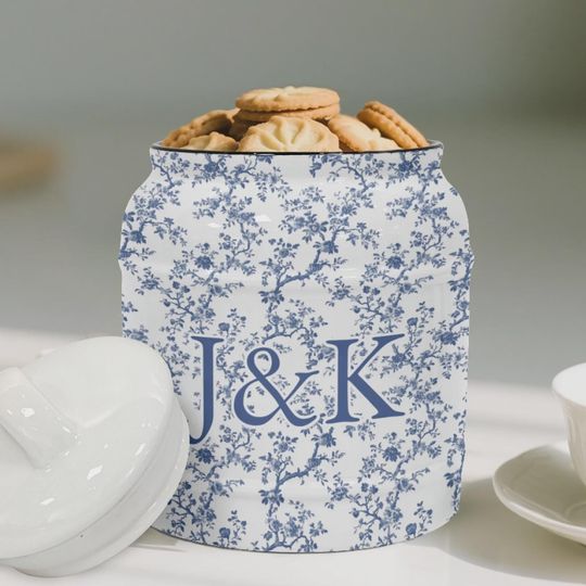 Discover Custom Blue Toile Ceramic Cookie Jar  Personalized Gift, Kitchen Airtight Storage