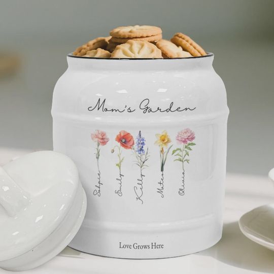 Discover Custom Watercolor Birth Month Flower Cookie Jar - Personalized Kitchen Canister Gift