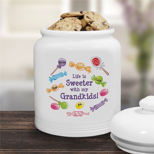 Discover Life Is Sweeter Personalized Ceramic Cookie Jar, cookie jar, cookie container, cookie, ceramic, white, personalized, colorful candy jar