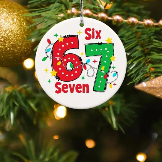 Discover Six Seven Viral 67 Meme Ceramic Christmas Ornament Funny 6 7 Xmas Holiday Gift