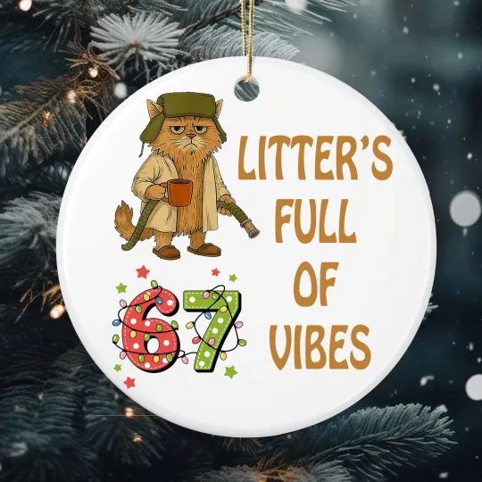 Discover Litter’s Full Of 67 Vibes Ceramic Christmas Ornament Funny Cat Holiday Gift